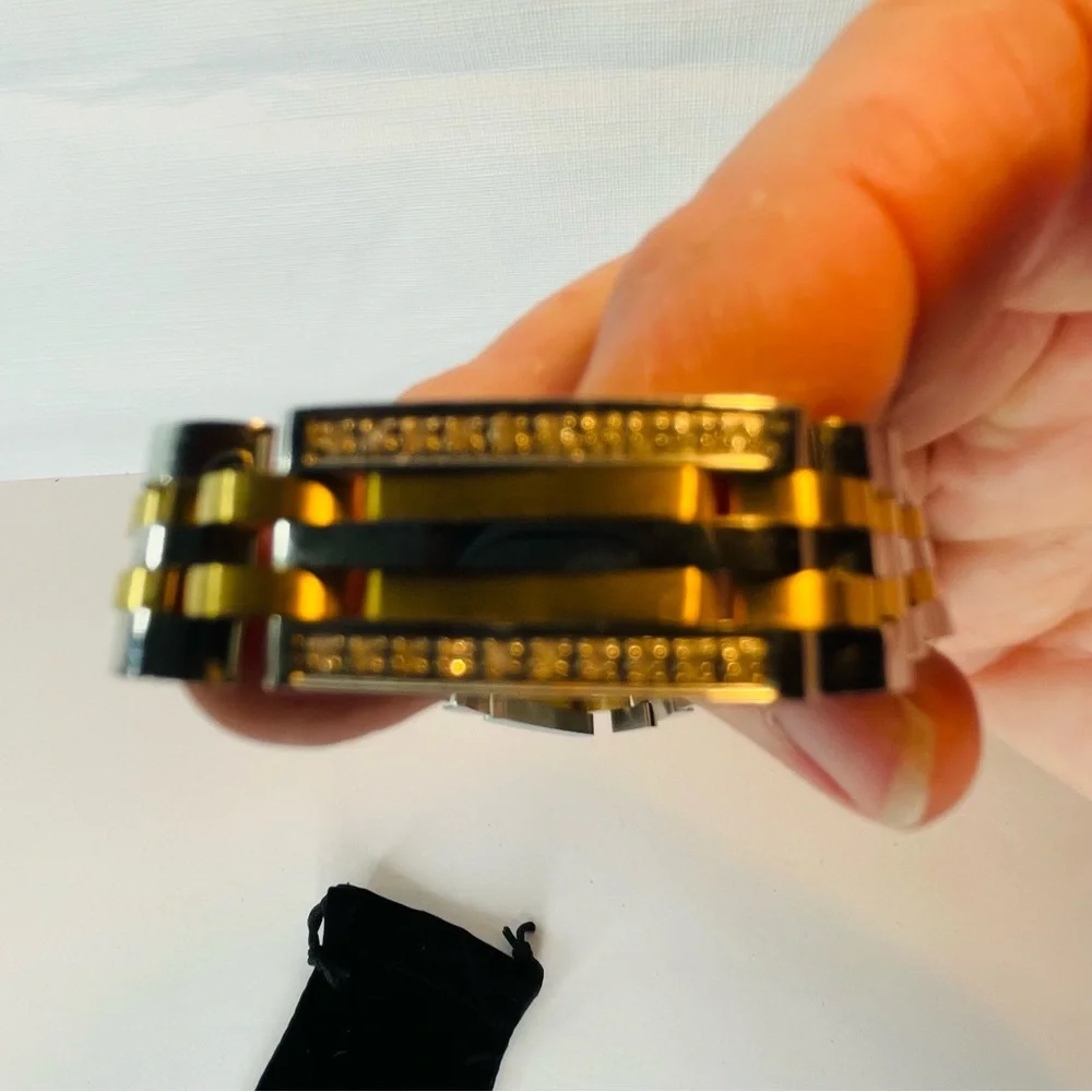 R.H. Macy Mens Two Toned Stainless Steel Metal Link Diamond Bracelet 9” Long - Picture 10 of 16